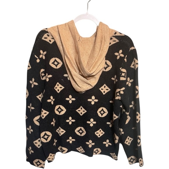 Black & Beige Designer 100% Cashmere Knit Hoodie Sweater - Picture 3 of 10